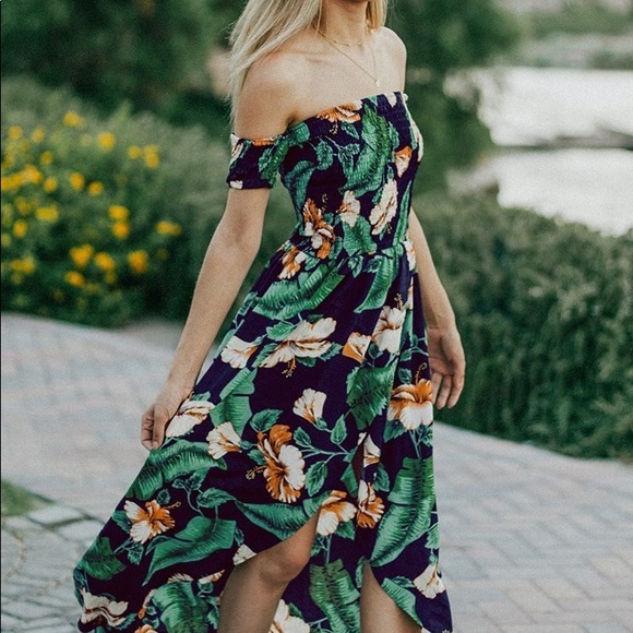 Cupshe Dresses Cupshe Tropical Hibiscus Smocked Off Shoulder Maxi